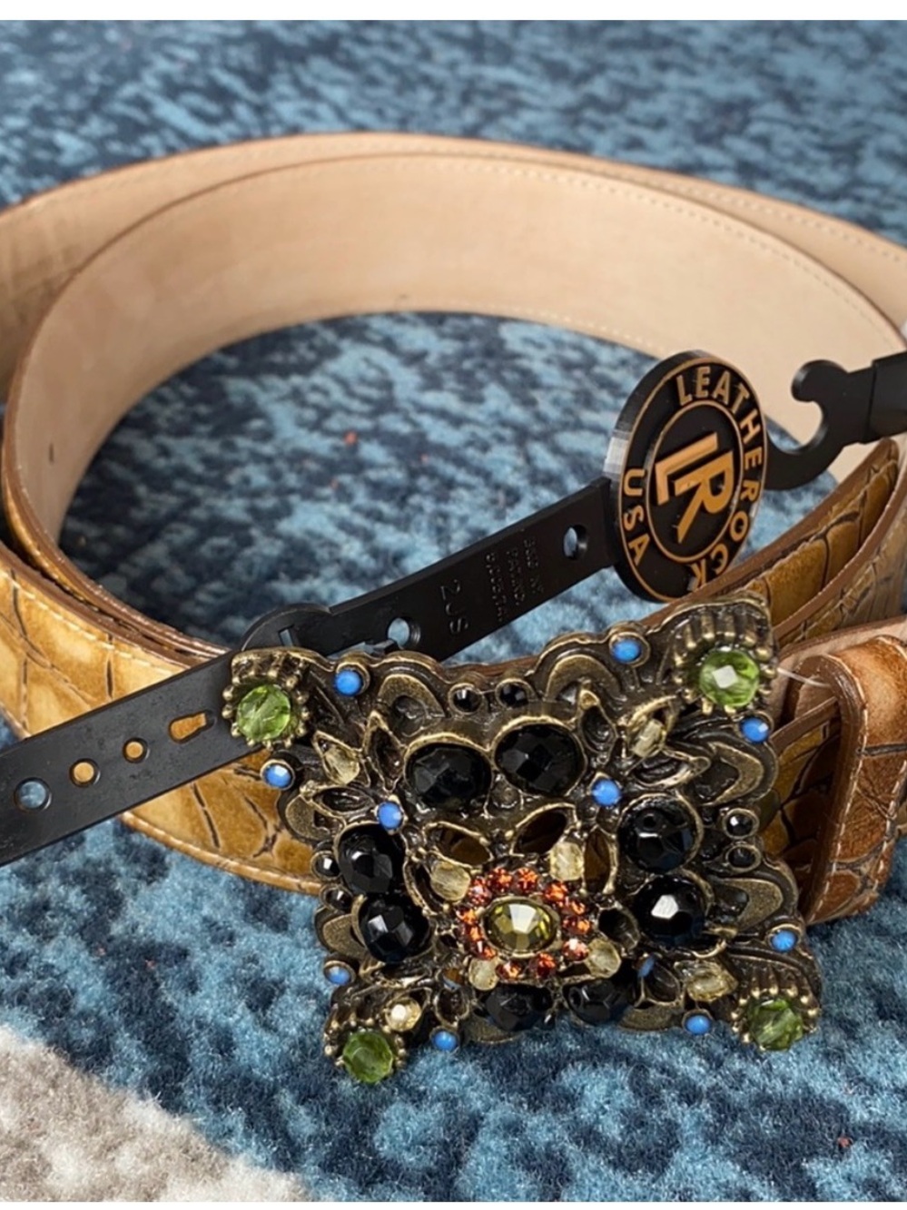 Leatherock USA Tan Croc-Embossed Belt with Jeweled Ornate Buckle